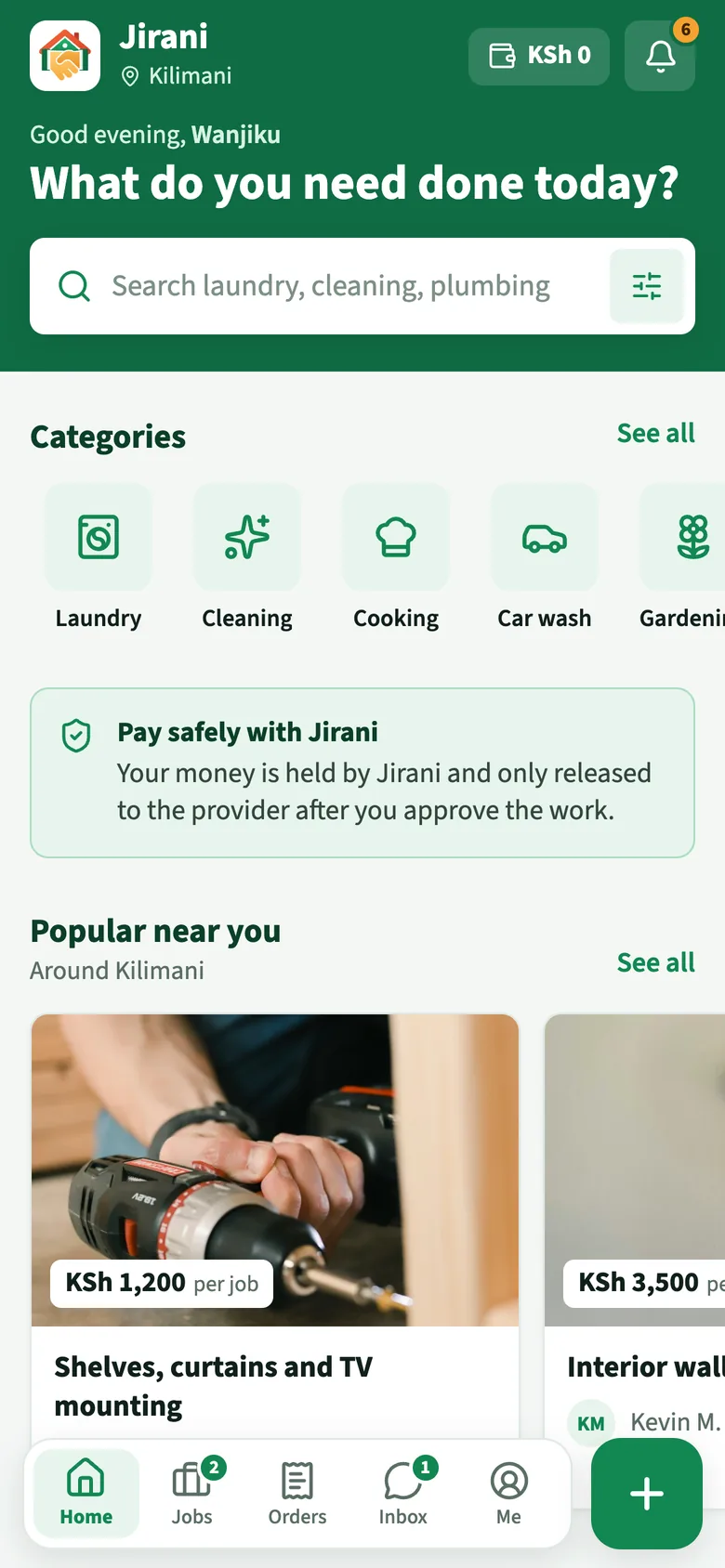 The Jirani home screen: categories and popular services near you