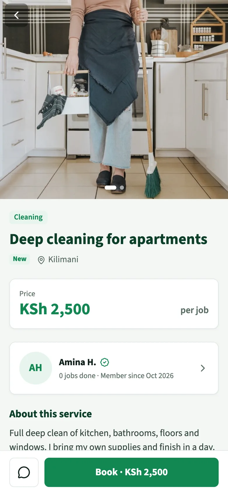 A cleaning service on Jirani, KSh 2,500 per job